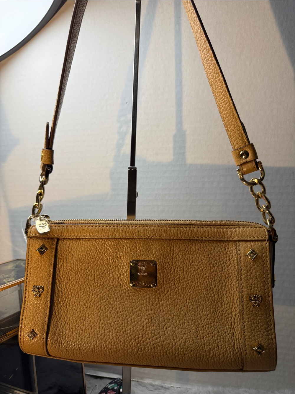 MCM Cognac Pebbled Leather Shoulder Bag with Gold Hardware